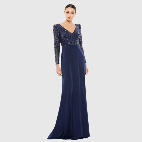 NWT Mac Duggal Embellished Long Sleeve Bodice Column Gown Midnight 10 #8296 - Picture 1 of 8